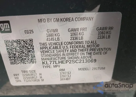 2025 Chevrolet Trax Fwd Lt z USA, uszkodzony, nr VIN KL77LHEP2SC213069